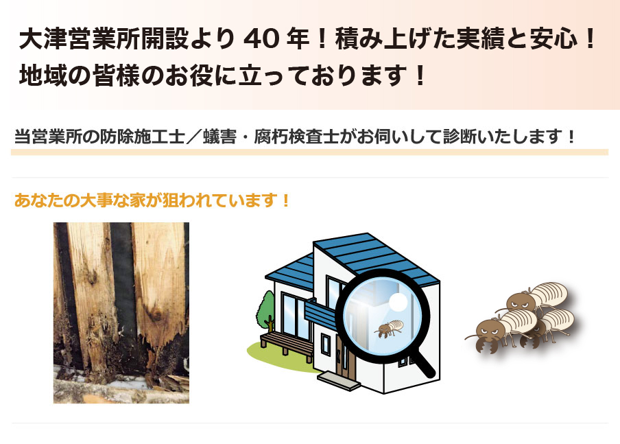 あなたの大事な家が狙われている！お伺いする防除施工士／蟻害・腐朽検査士が診断いたします！